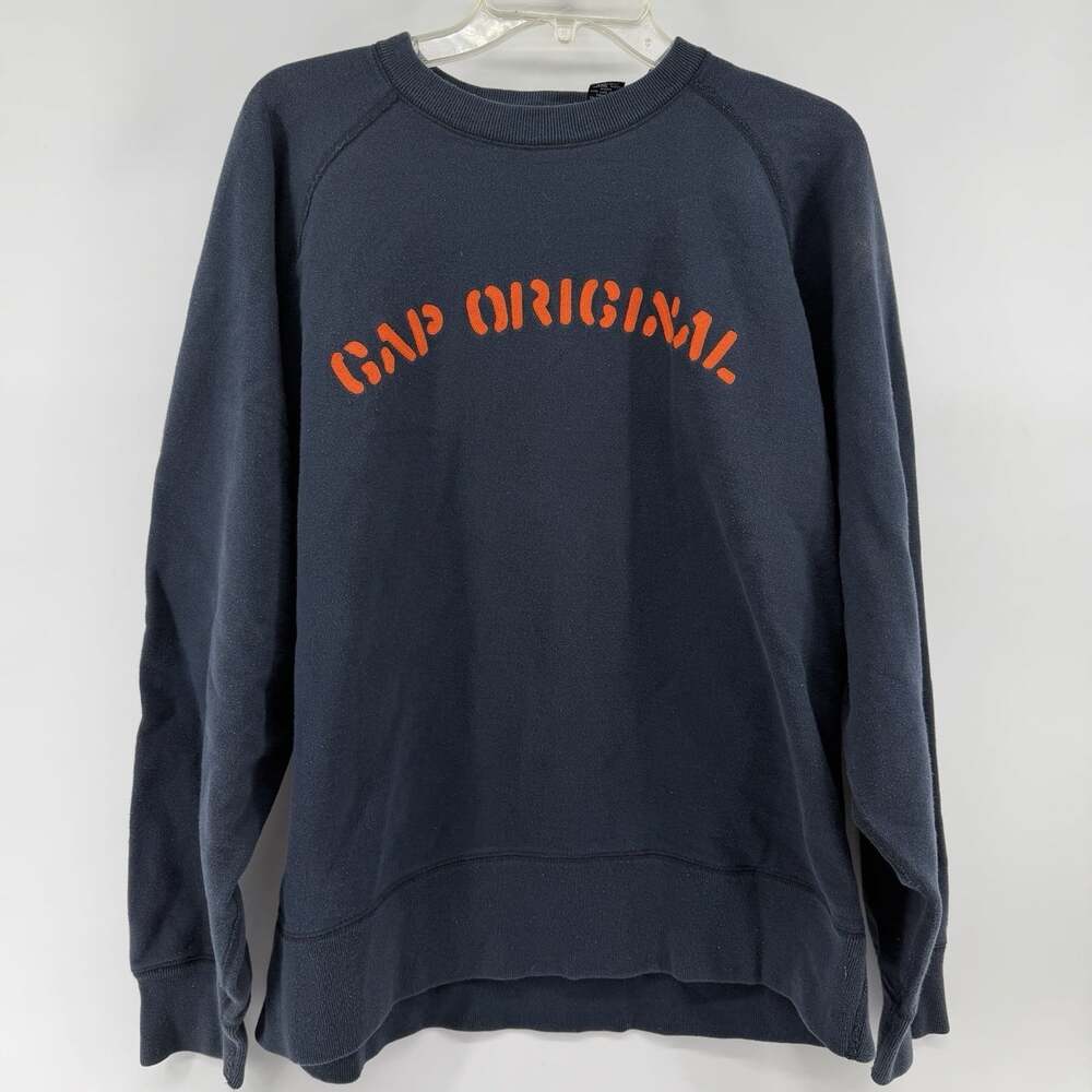 VTG Mens GAP Original Sweater Size L Navy Pullover Orange Spellout Embroidered